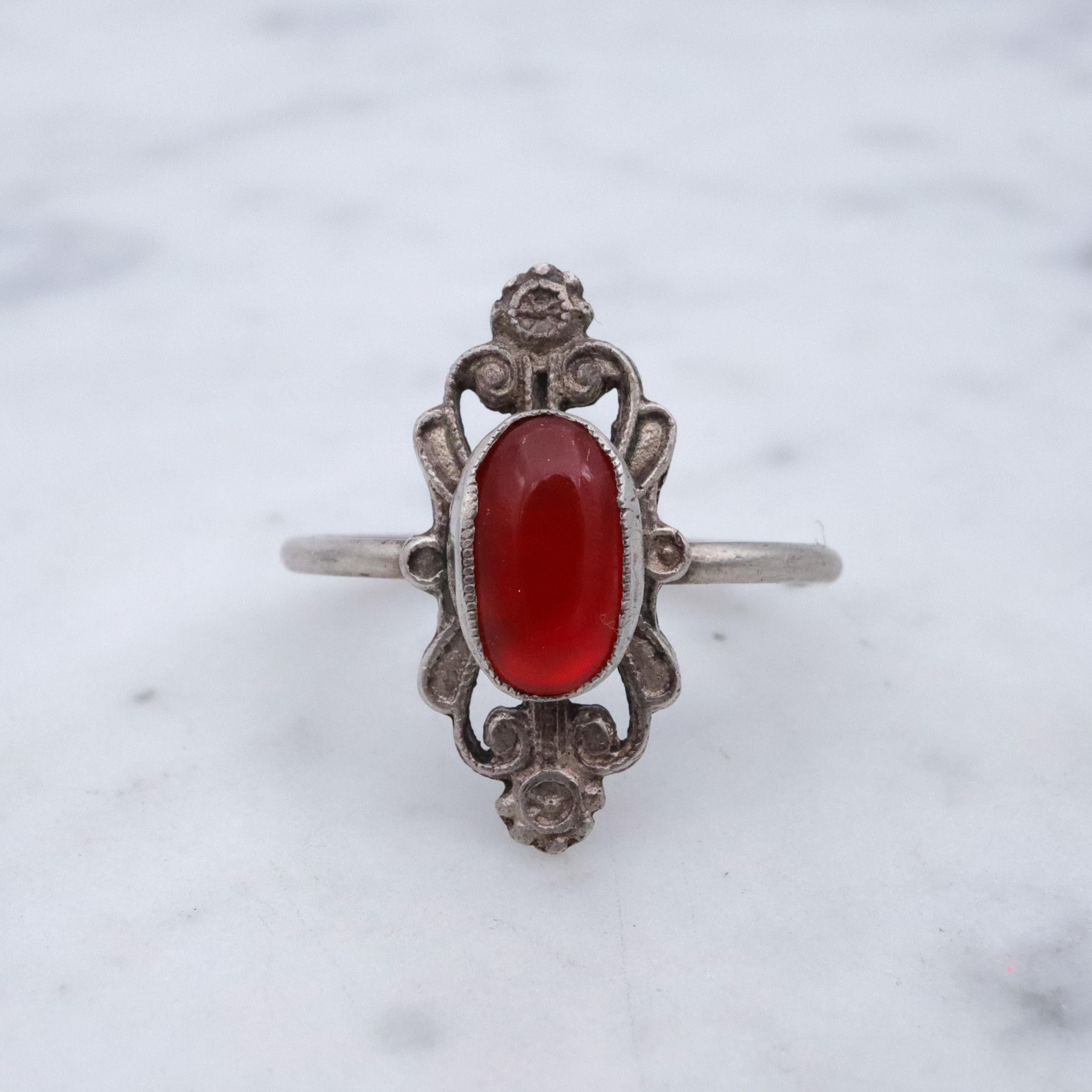 French Art Nouveau .800 silver carnelian scroll ring, size 5.5