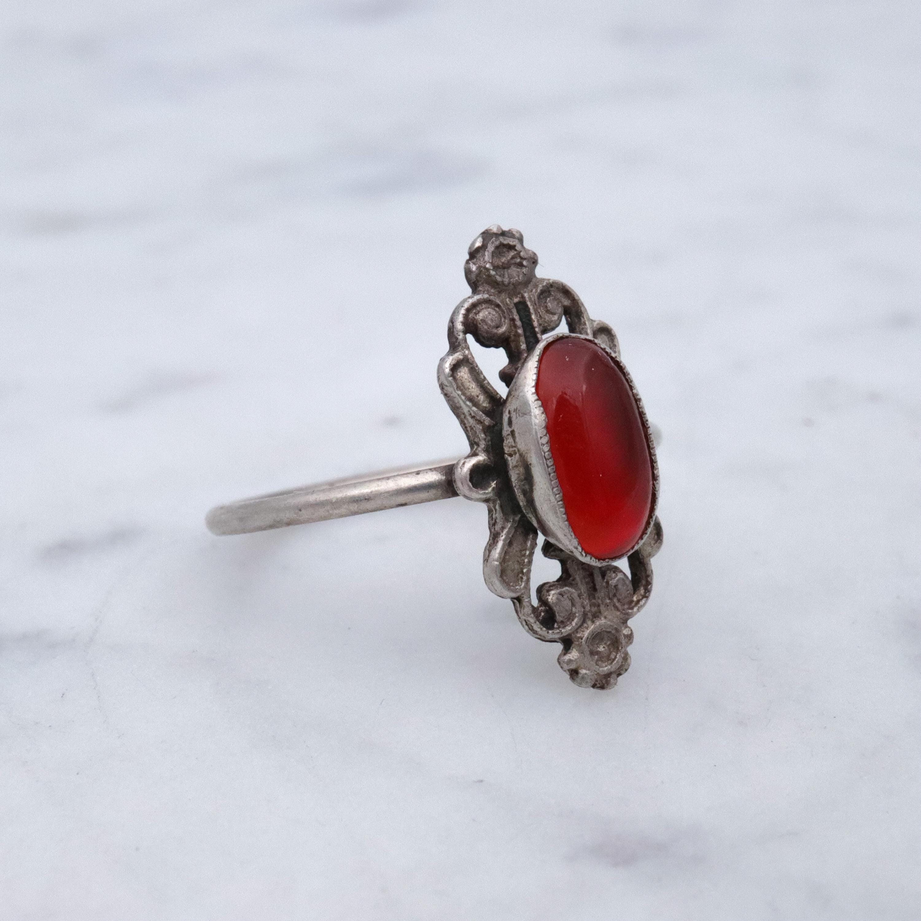 French Art Nouveau .800 silver carnelian scroll ring, size 5.5