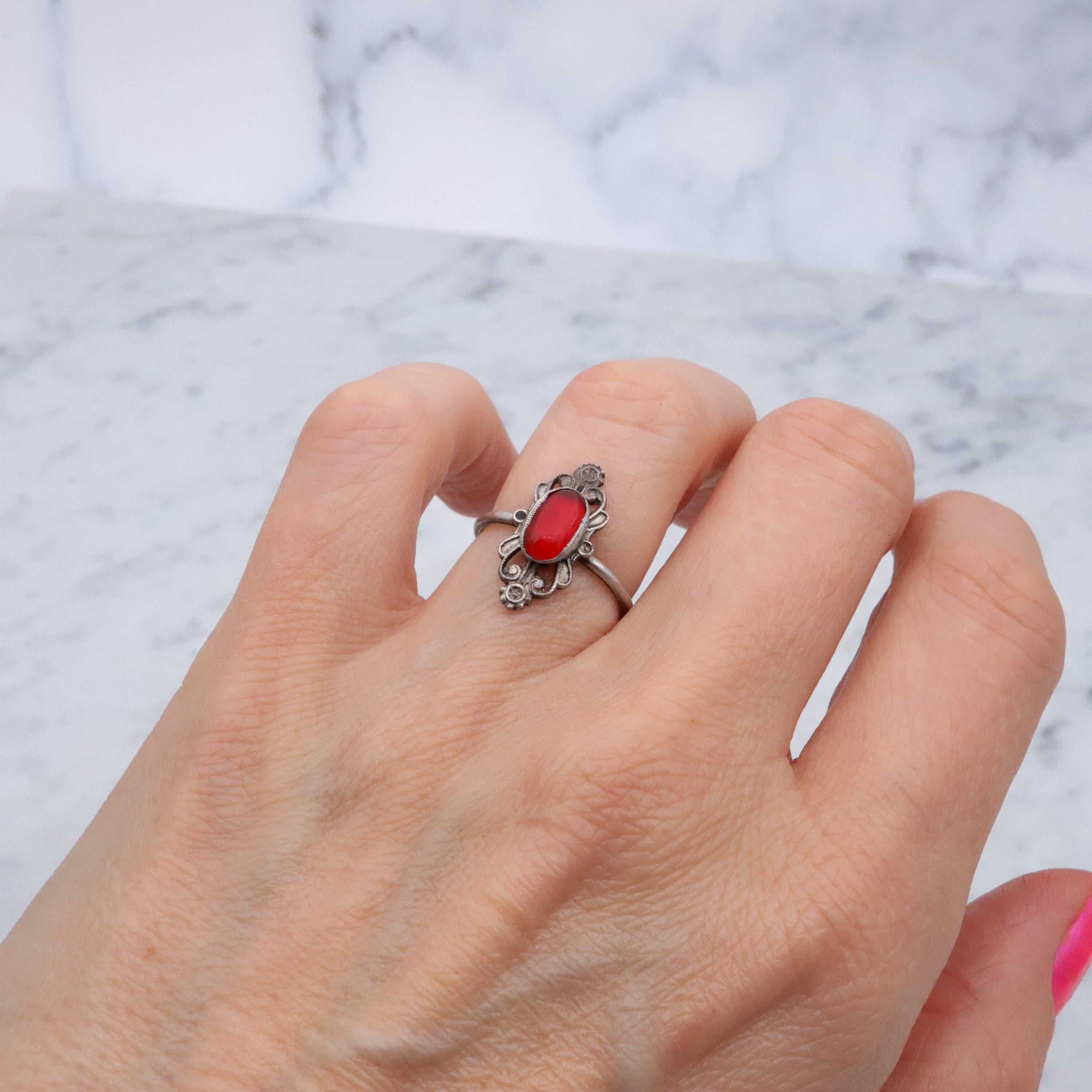 French Art Nouveau .800 silver carnelian scroll ring, size 5.5