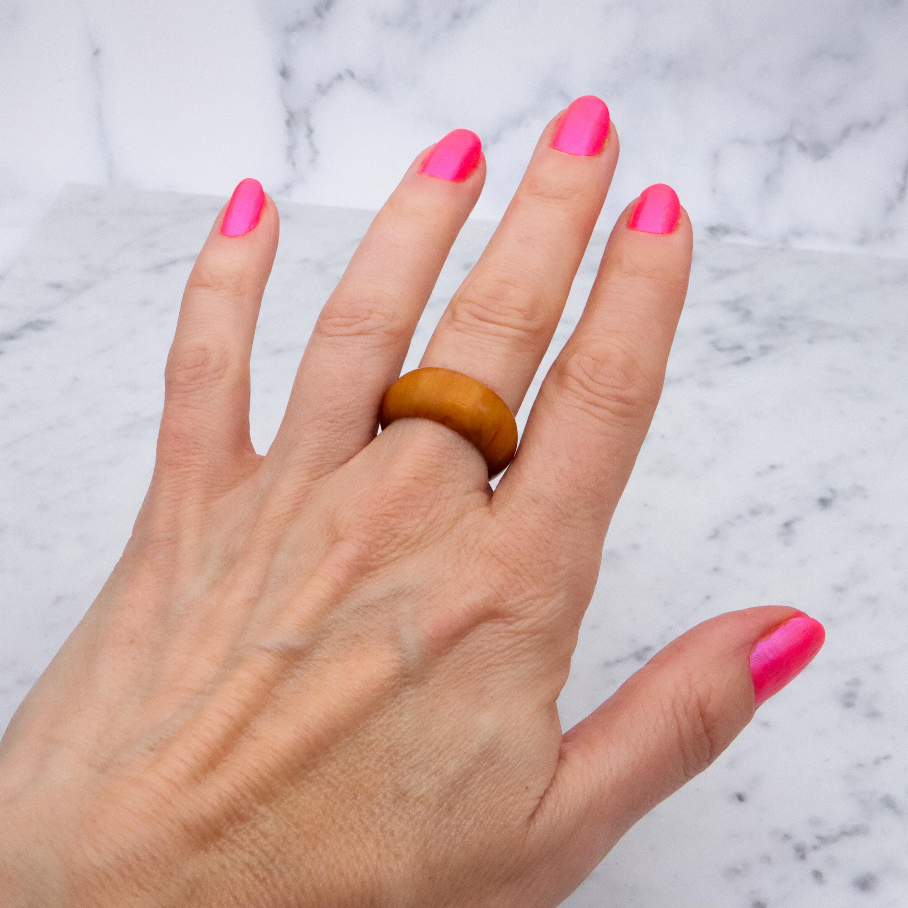 Mid Century butterscotch amber domed band ring, size 8