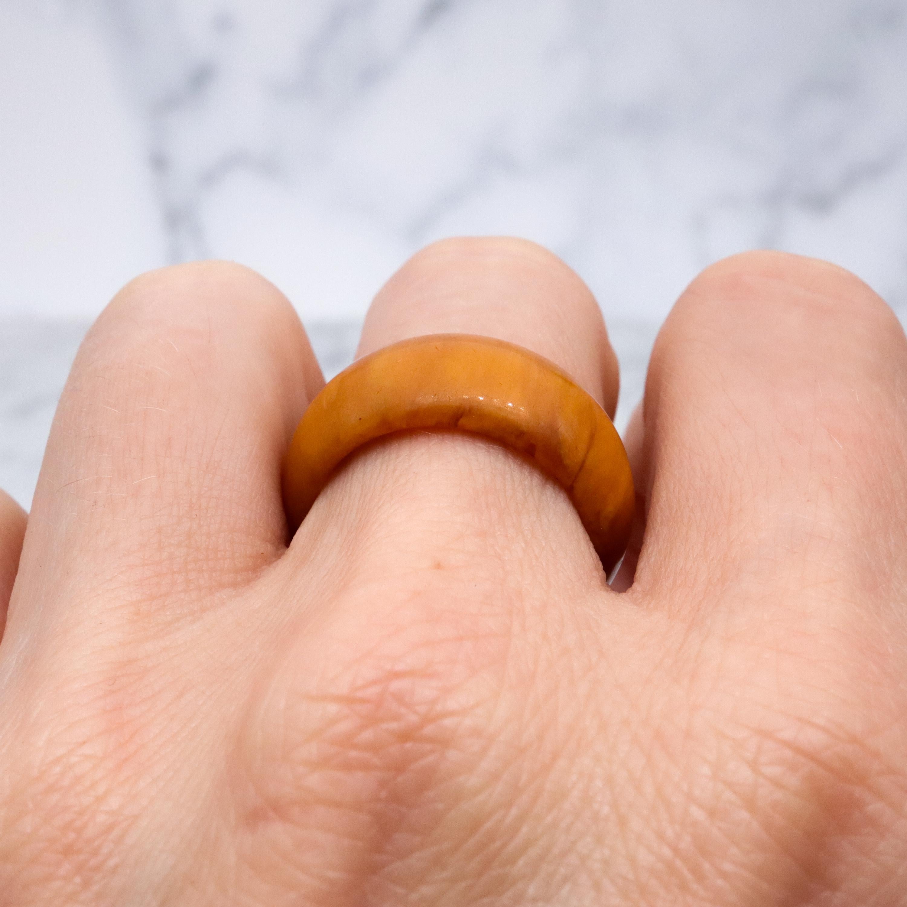Mid Century butterscotch amber domed band ring, size 8