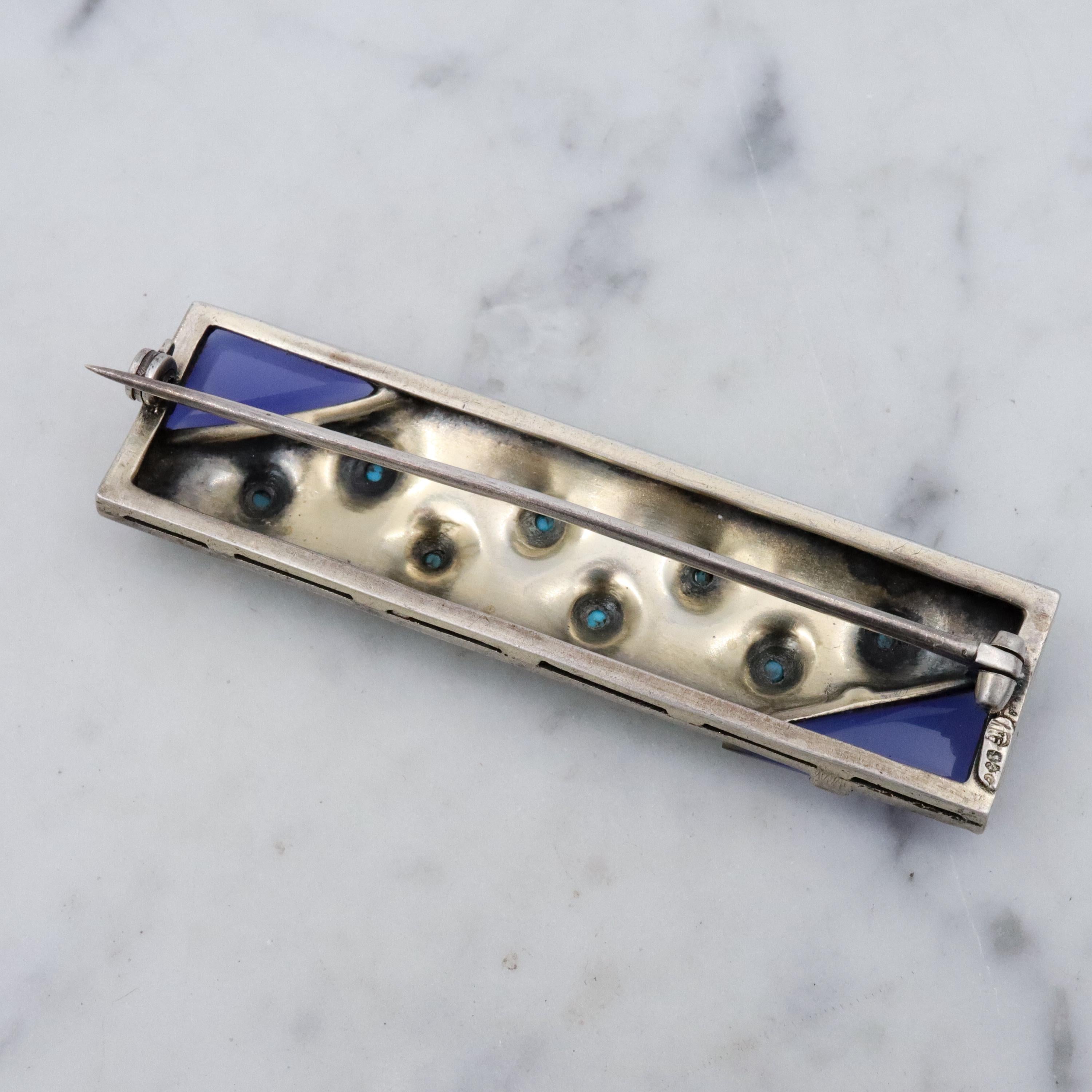 Theodor Fahrner Art Deco sterling filigree bar brooch w/chalcedony, turquoise, and coral