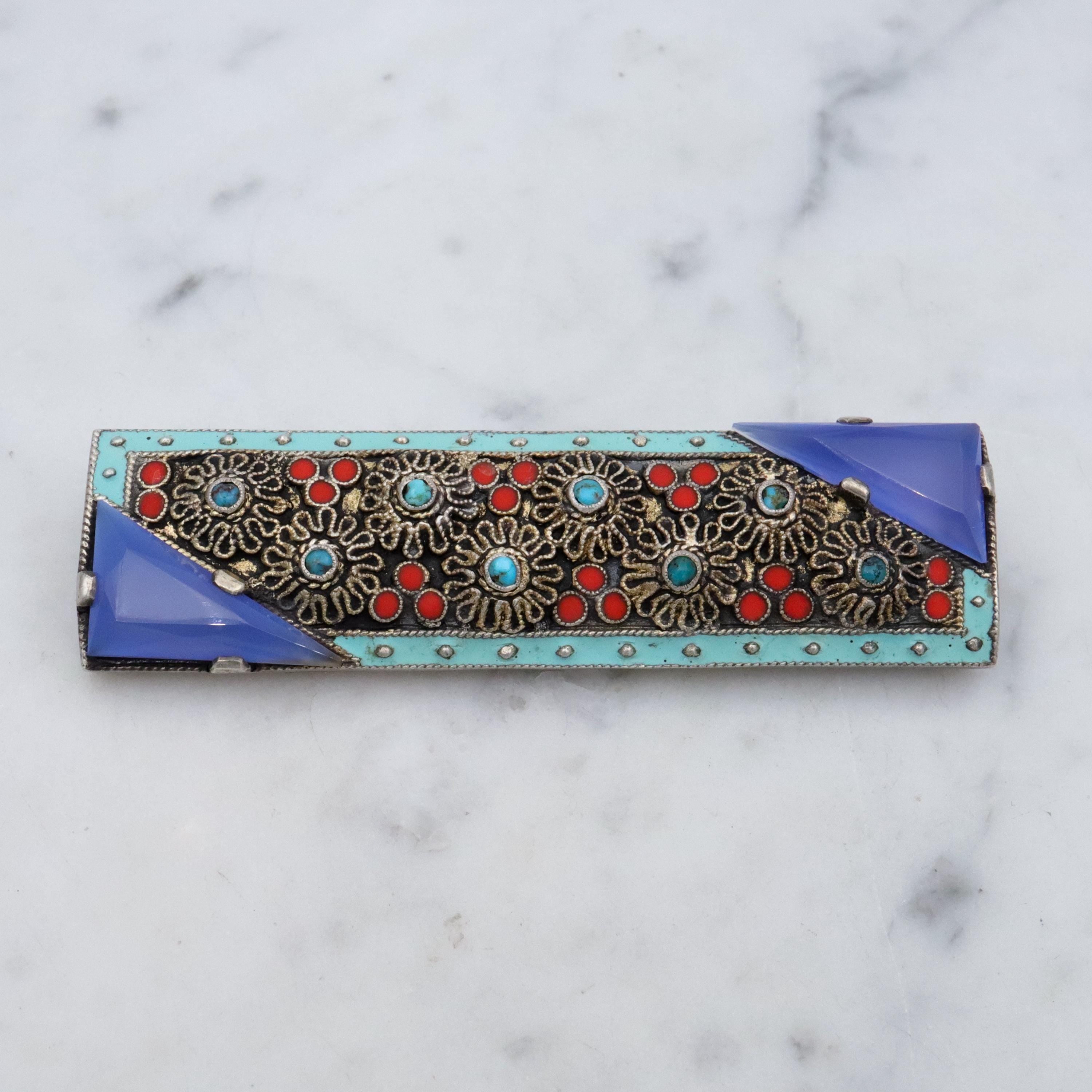 Theodor Fahrner Art Deco sterling filigree bar brooch w/chalcedony, turquoise, and coral