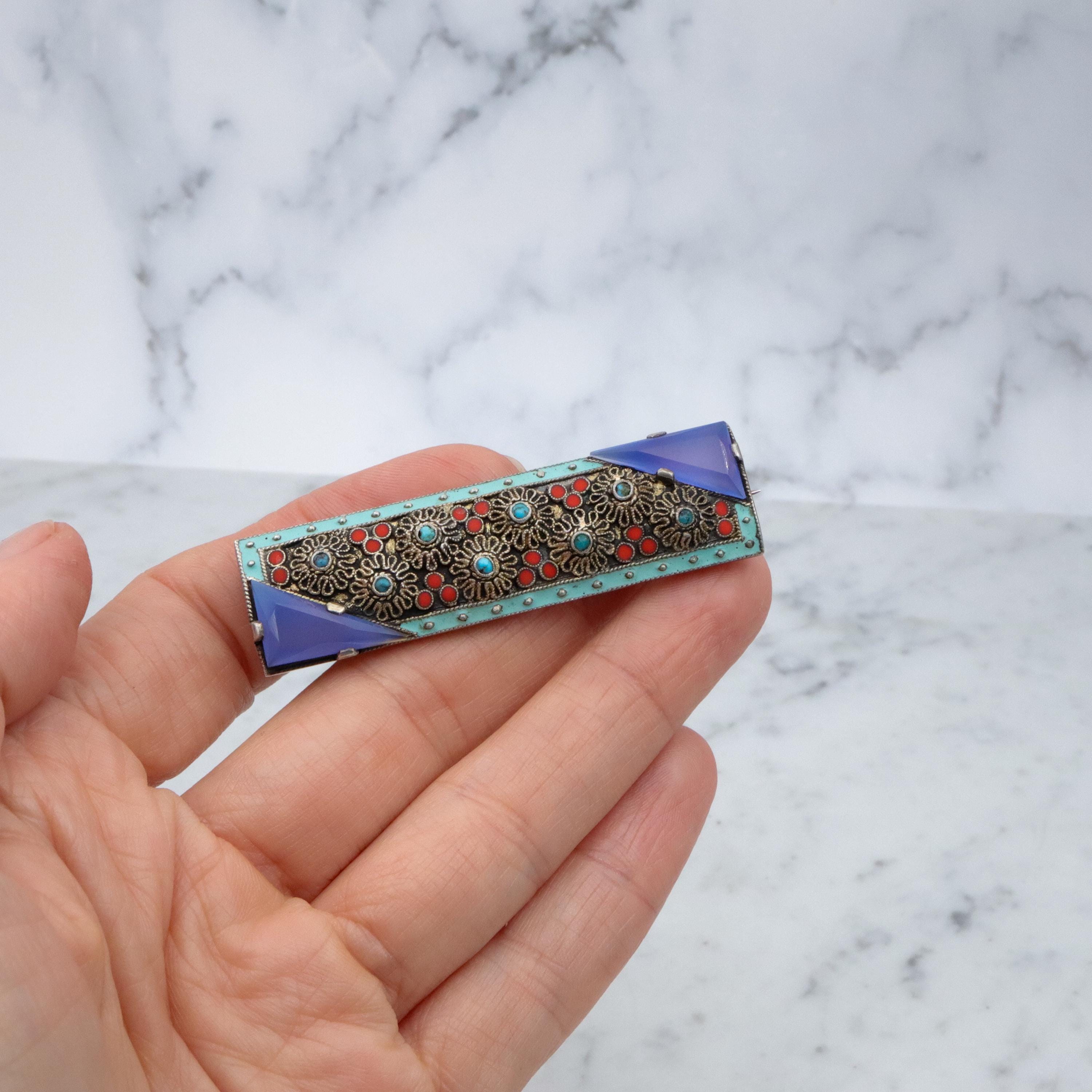Theodor Fahrner Art Deco sterling filigree bar brooch w/chalcedony, turquoise, and coral