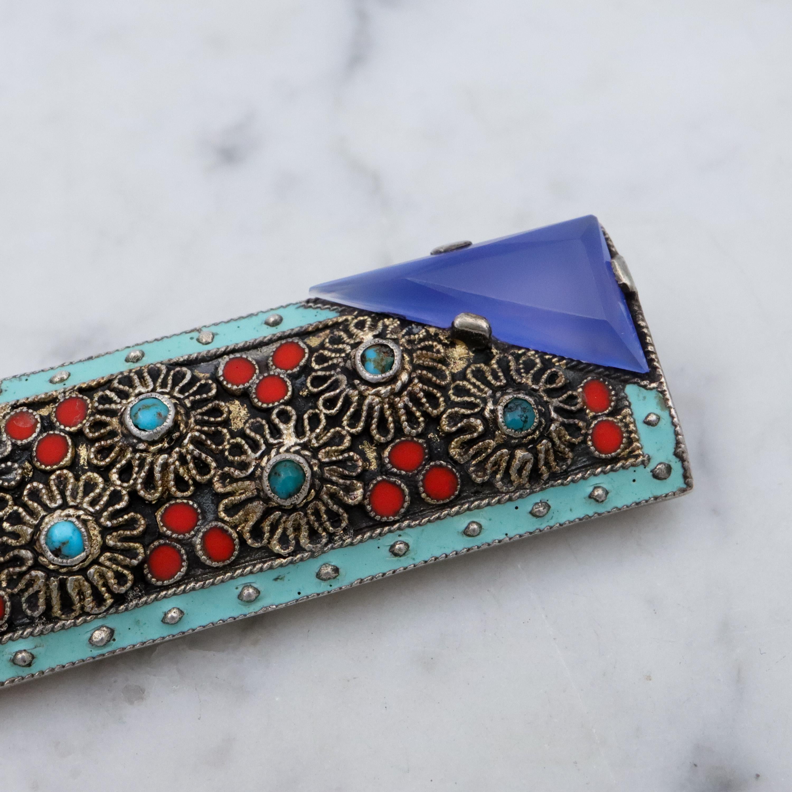 Theodor Fahrner Art Deco sterling filigree bar brooch w/chalcedony, turquoise, and coral
