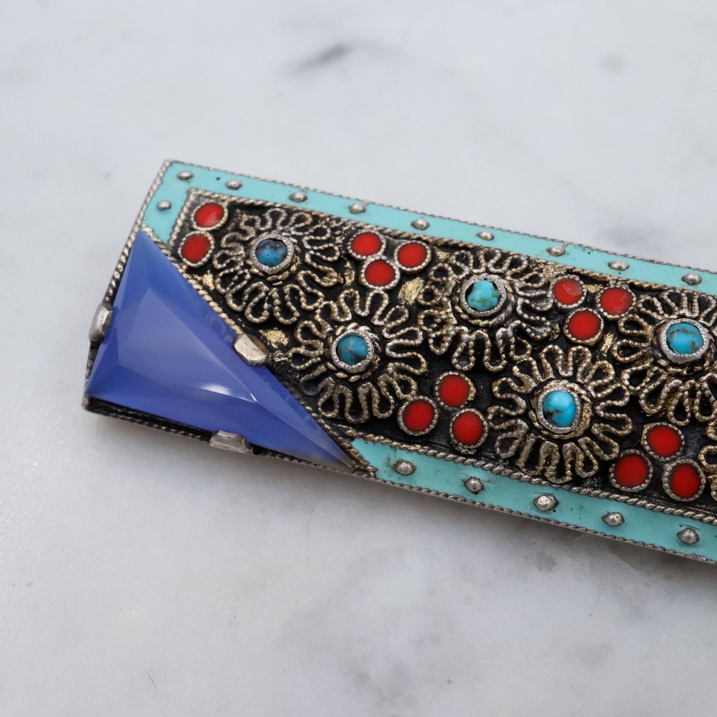 Theodor Fahrner Art Deco sterling filigree bar brooch w/chalcedony, turquoise, and coral
