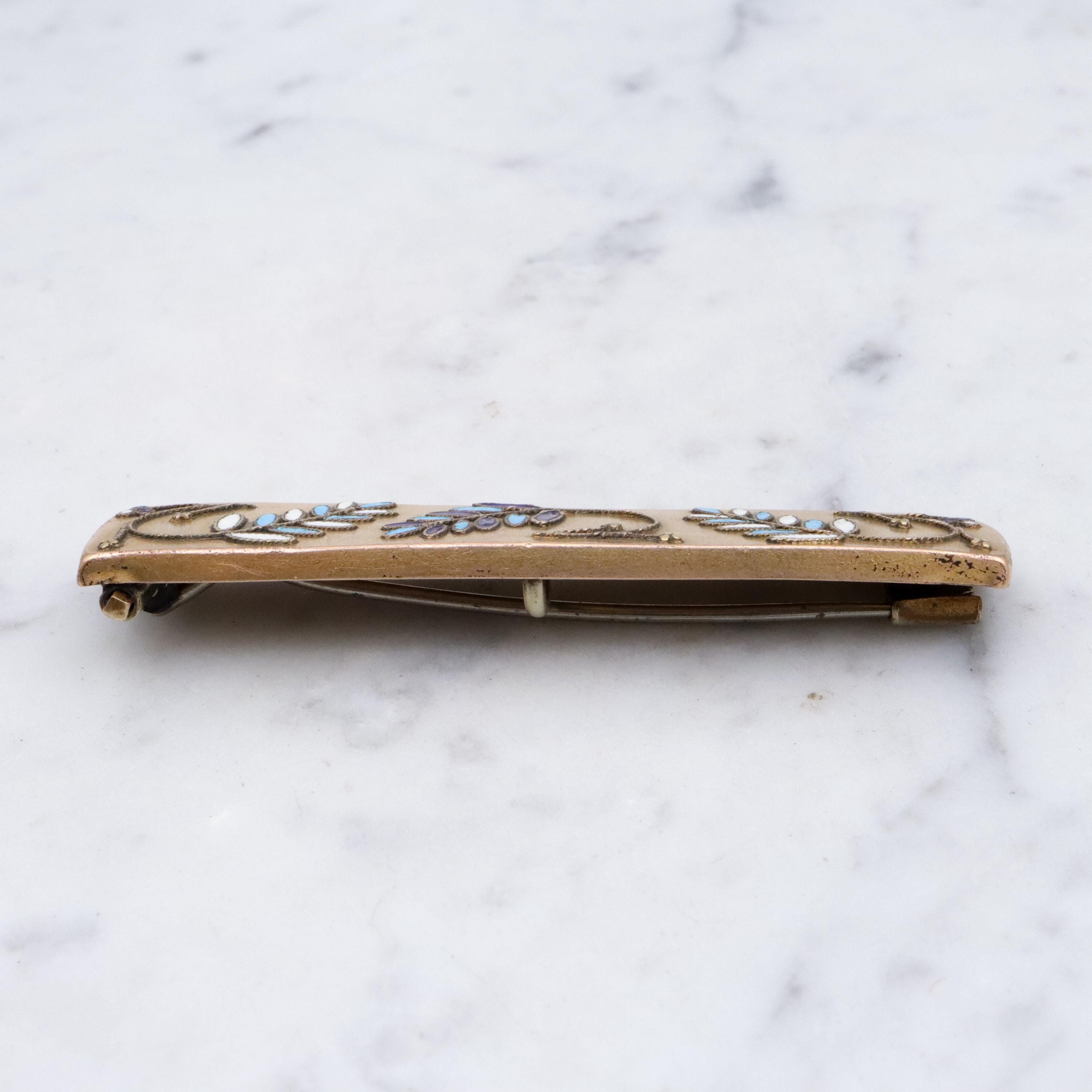 Victorian blue enamel fern decorated gilt metal bar brooch