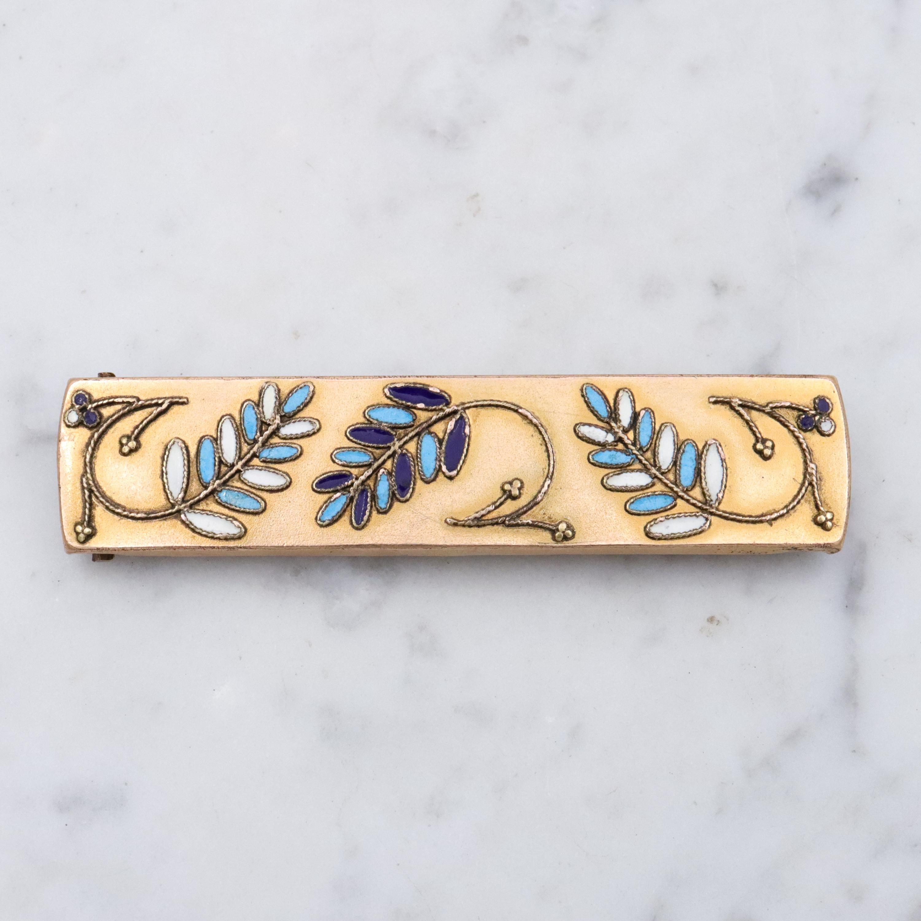 Victorian blue enamel fern decorated gilt metal bar brooch