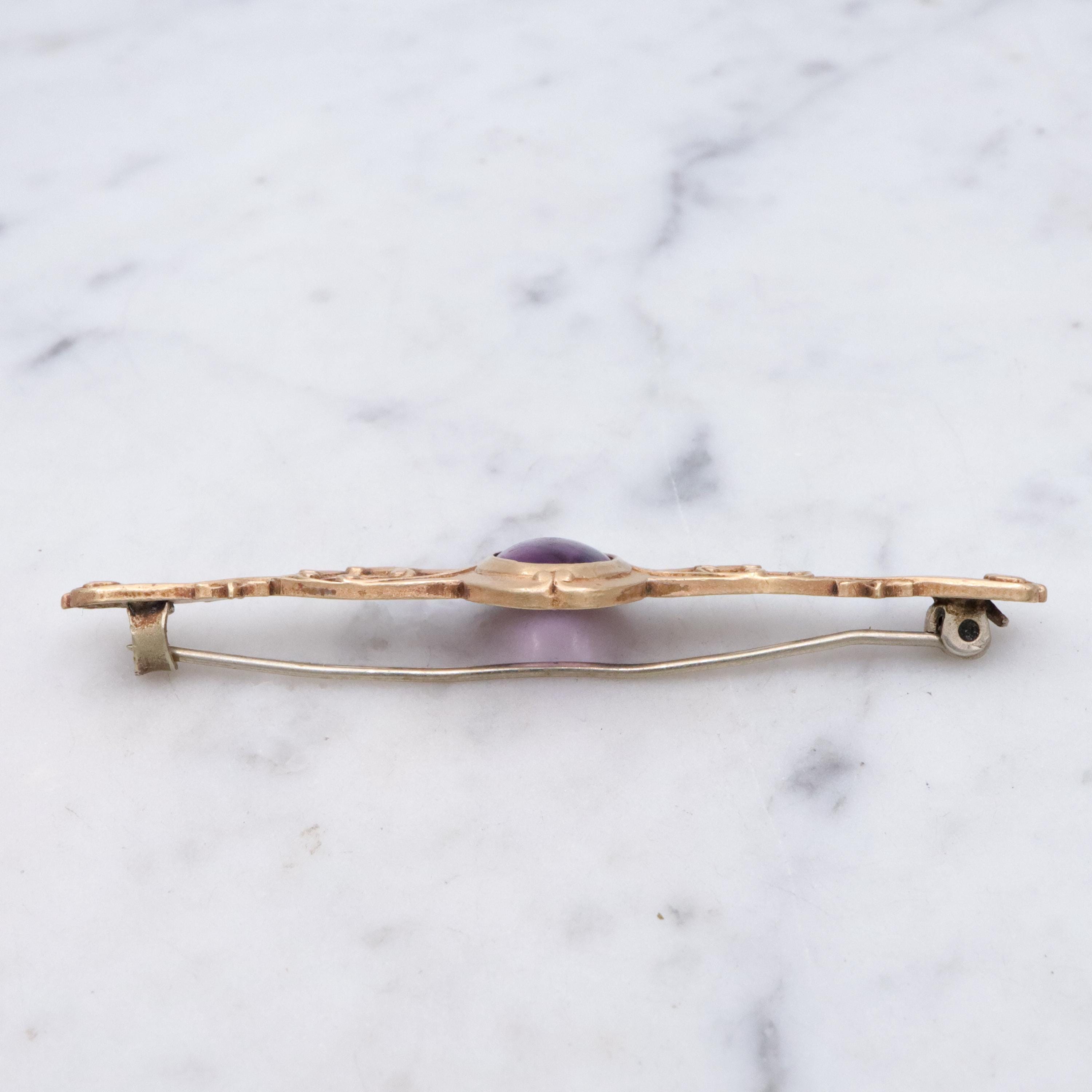 Antique Art Nouveau purple paste & scroll designed rolled gold bar pin