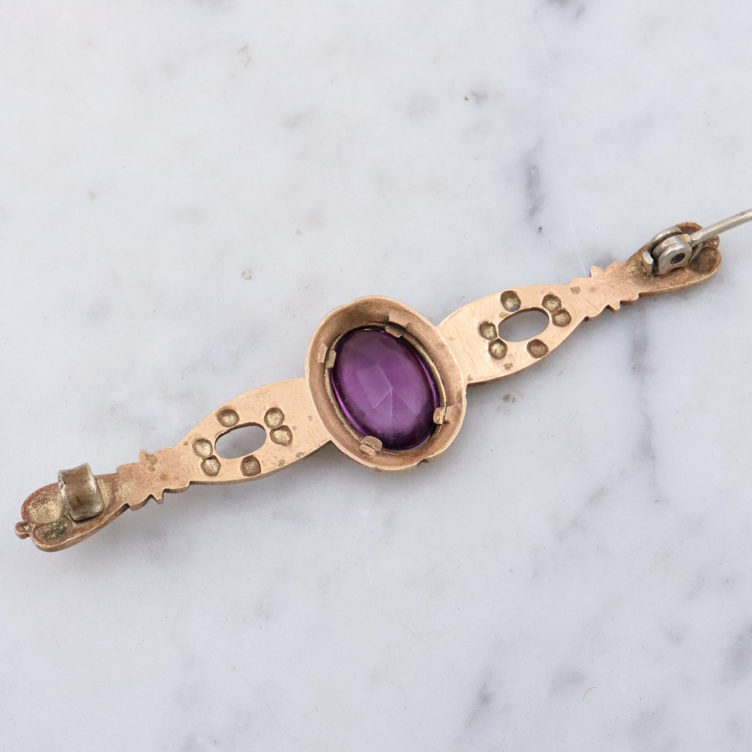 Antique Art Nouveau purple paste & scroll designed rolled gold bar pin