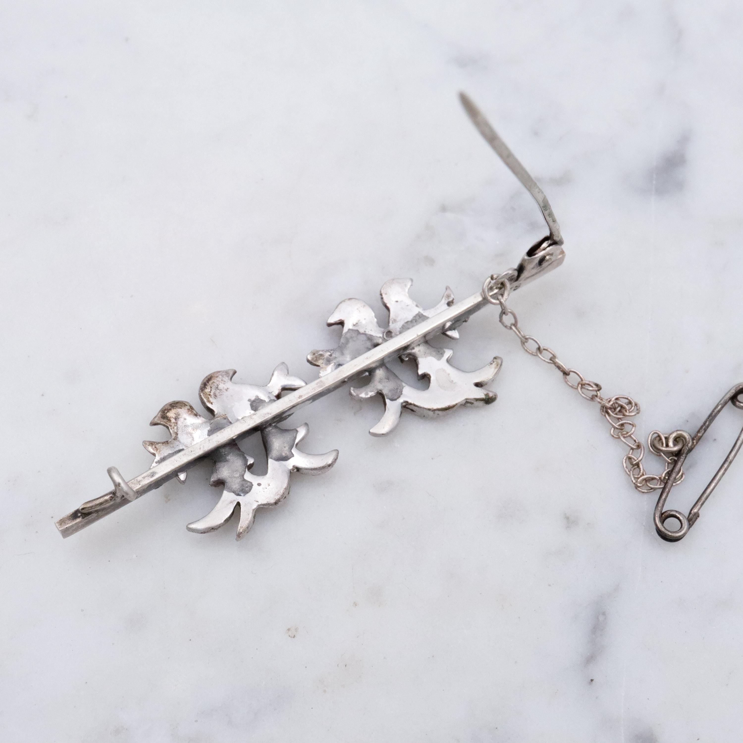 Art Deco double love bird pair marcasite sterling bar pin