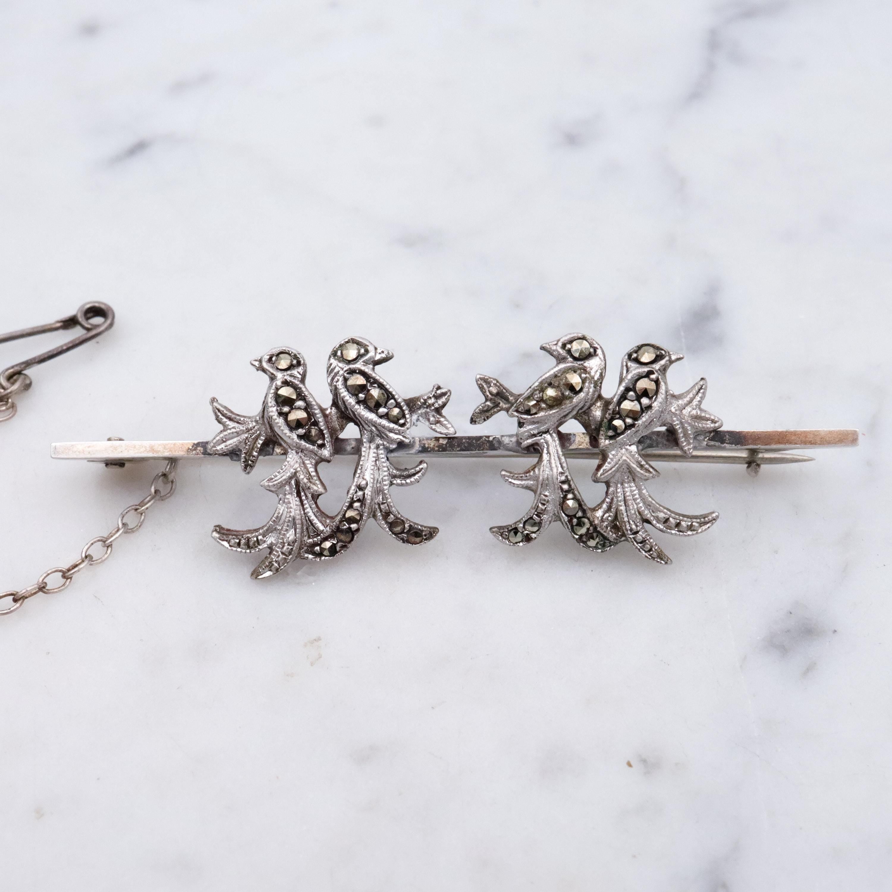 Art Deco double love bird pair marcasite sterling bar pin