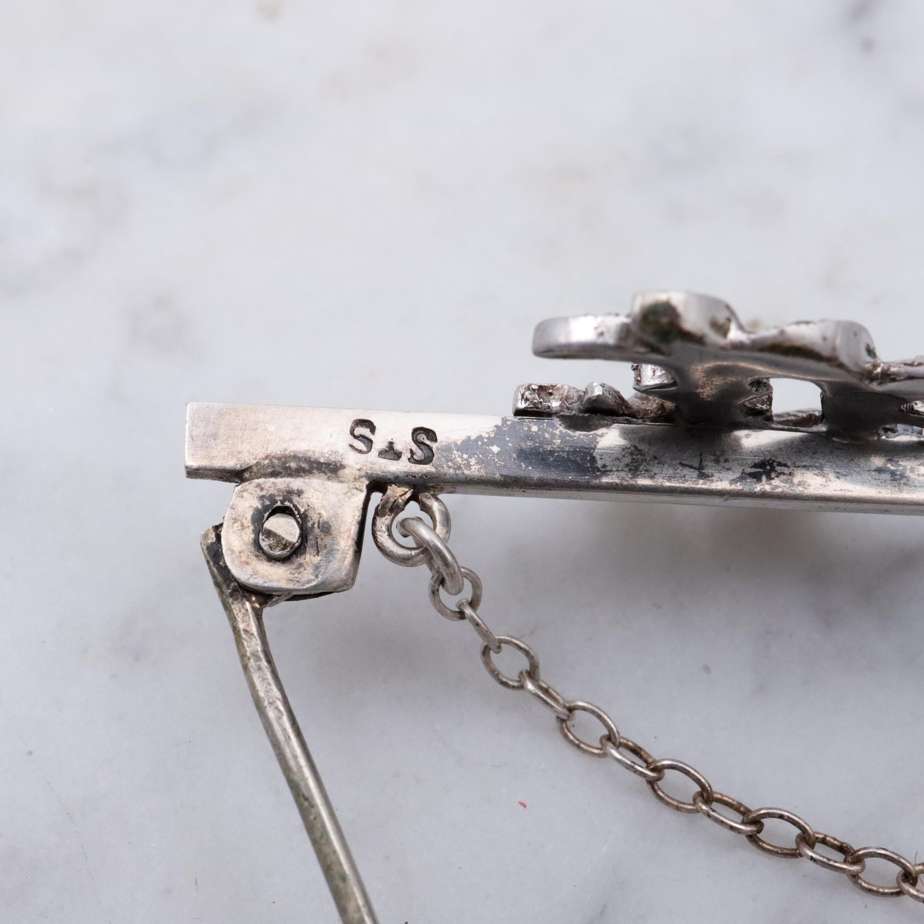 Art Deco double love bird pair marcasite sterling bar pin