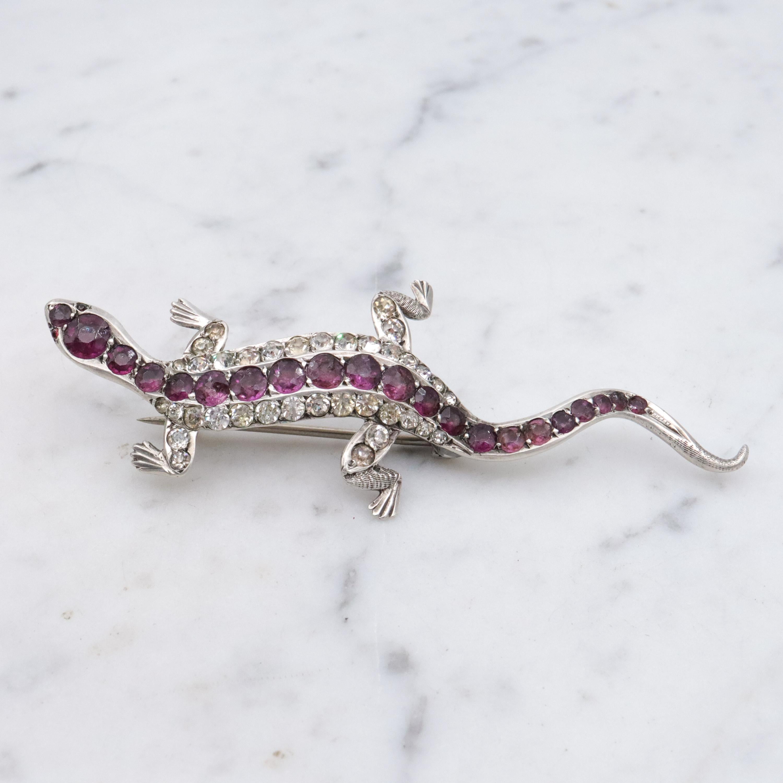 Victorian sterling & paste lizard figural brooch