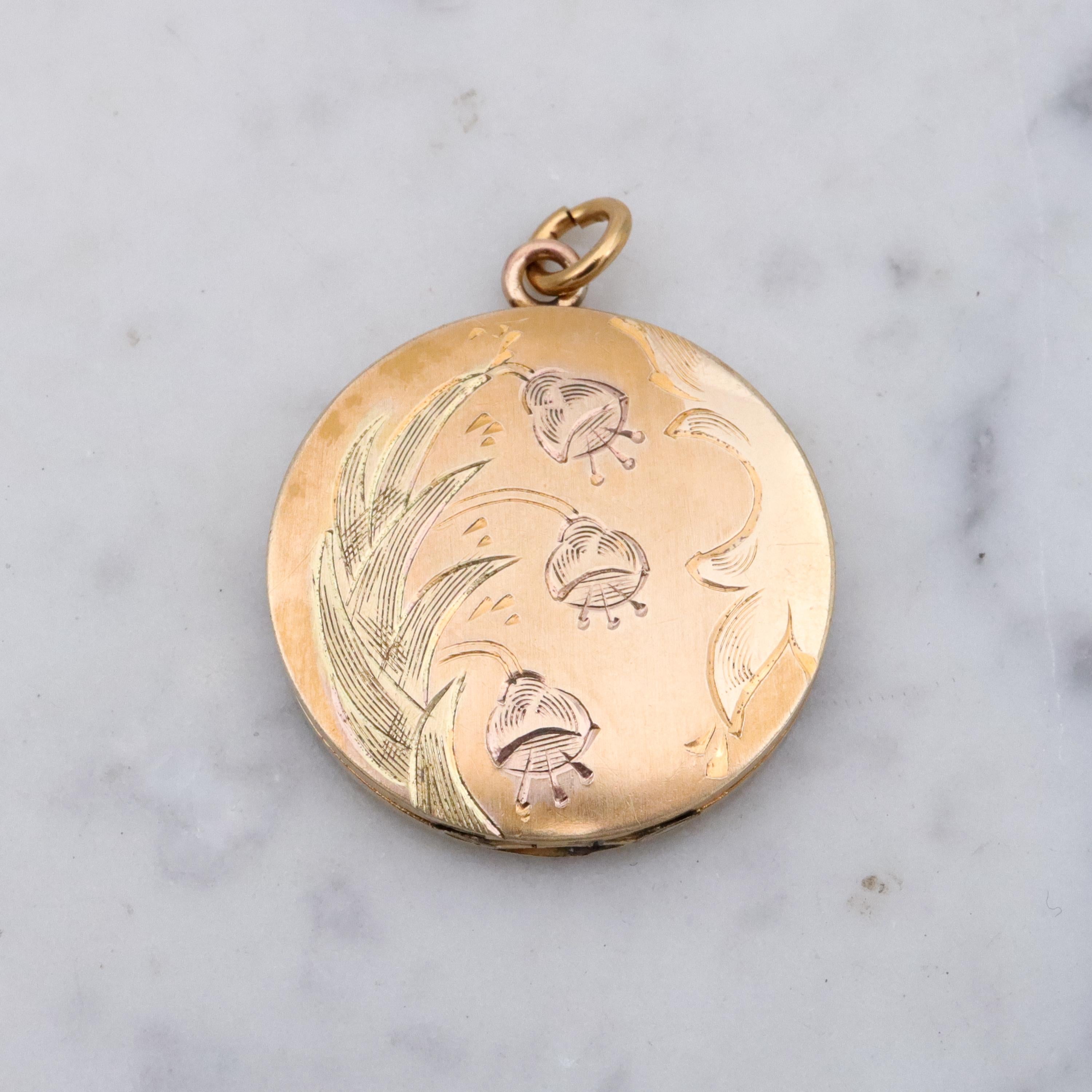 Edwardian tri-color gold filled floral engraved circle locket pendant