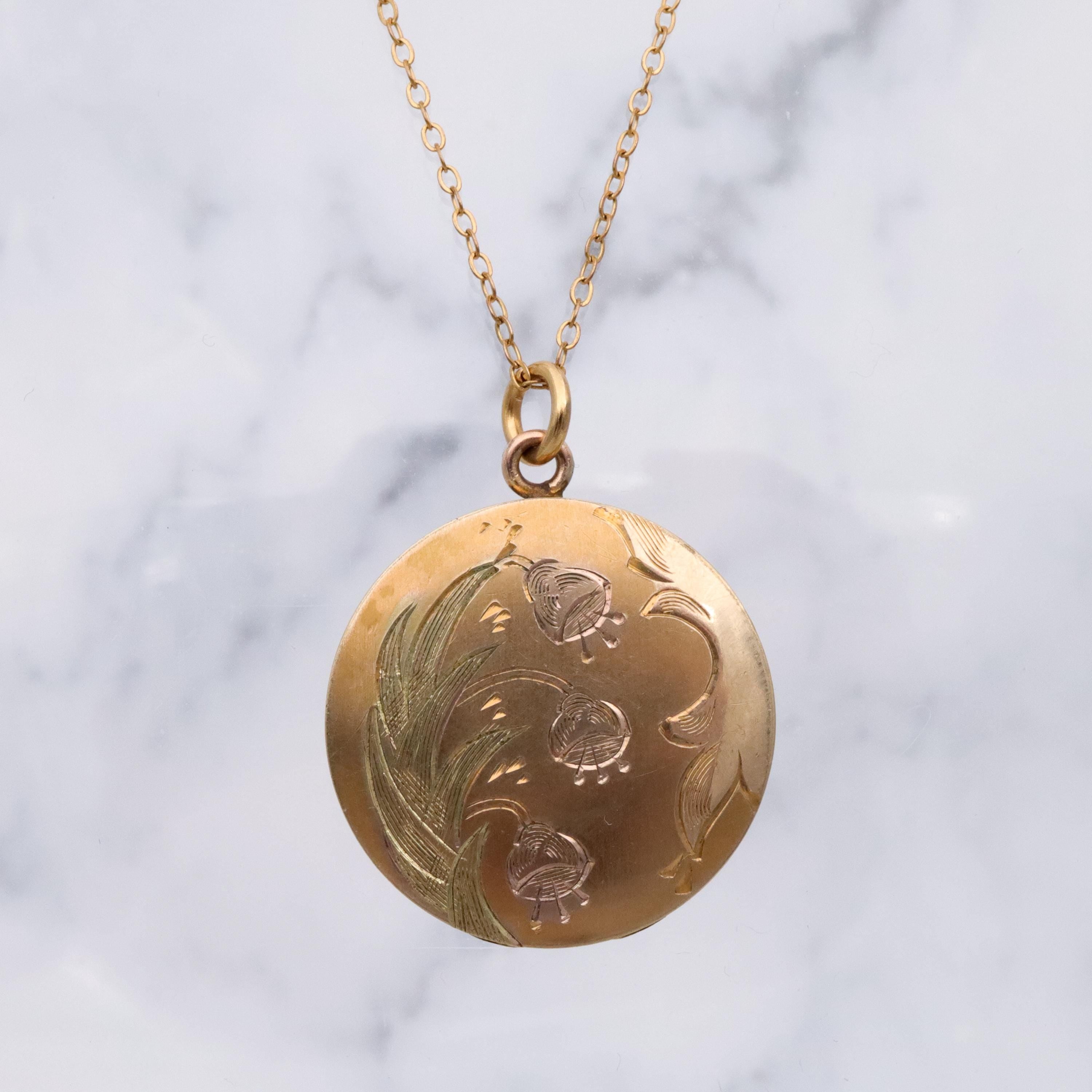 Edwardian tri-color gold filled floral engraved circle locket pendant
