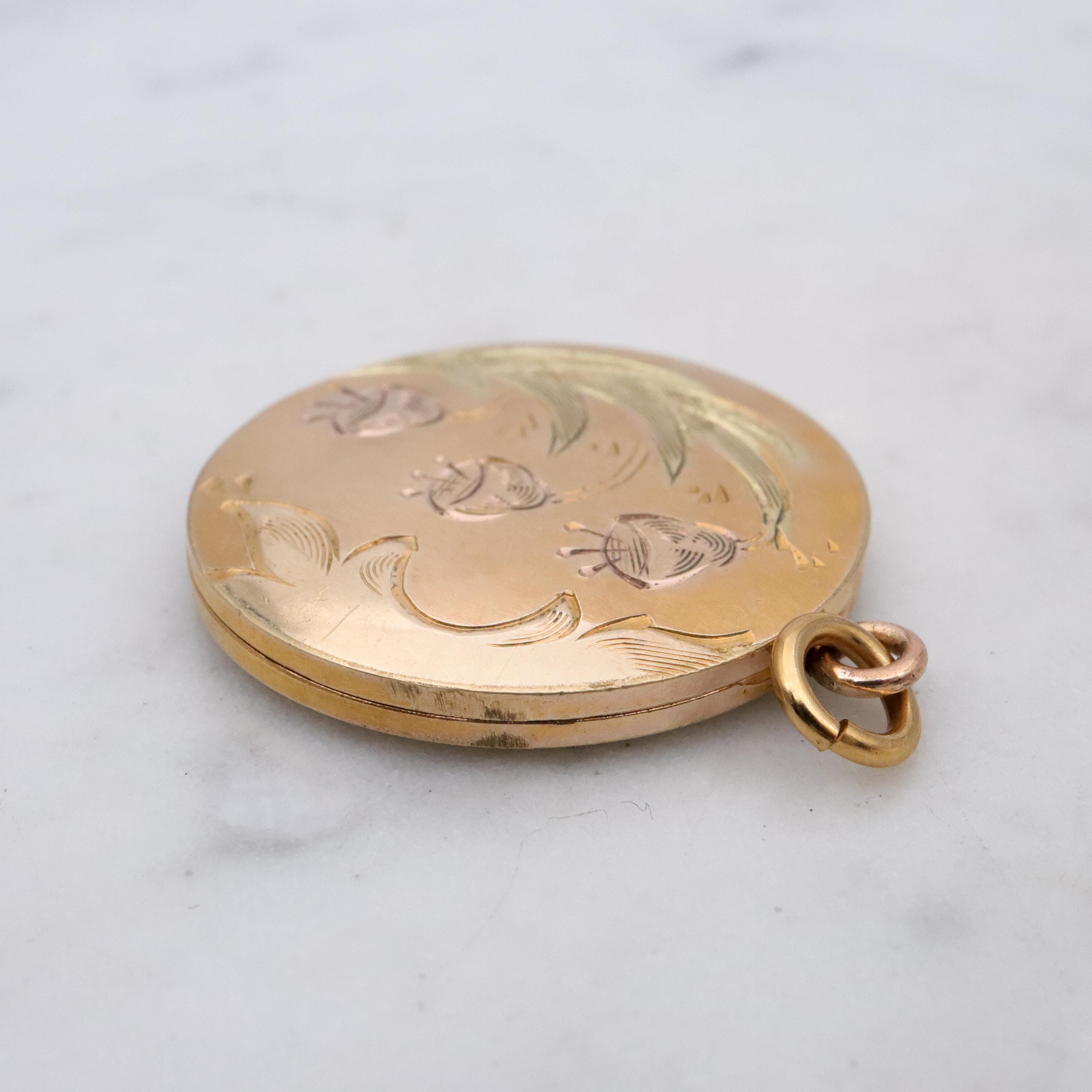 Edwardian tri-color gold filled floral engraved circle locket pendant